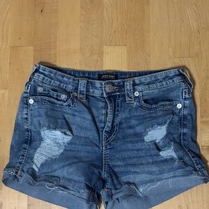 True Religion Blue Distressed Jean Shorts stretchy sz 27